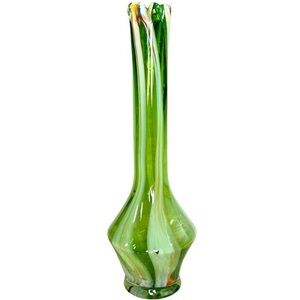 Elegant Vintage Hand Blown Green White Glass Vase